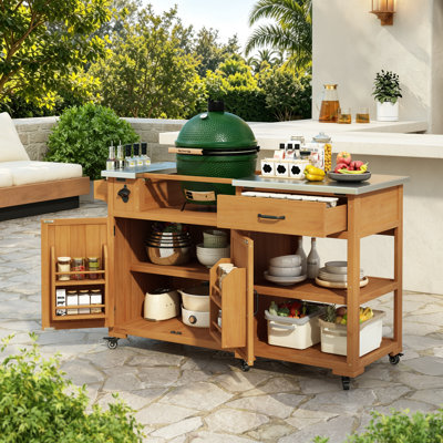 Chariot de barbecue extérieur en bois massif de 55,4 po avec plateau en acier inoxydable, tiroir, étagère à épices et tablettes réglables