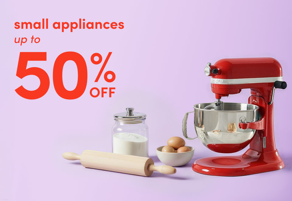 Small appliances up to 50% off featuring a red stand mixer, rolling pin, flour jar, and eggs on a light purple background.