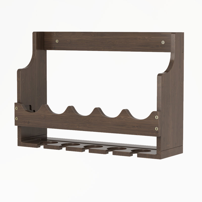 Wall-Mounted Wine Rack Solid Wood Bottle Rack Wine Storage with Stemware Holder, Brown