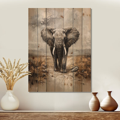 Éléphant majestueux dans les prairies - Éléphant, art mural en bois animal - sur bois de pin naturel