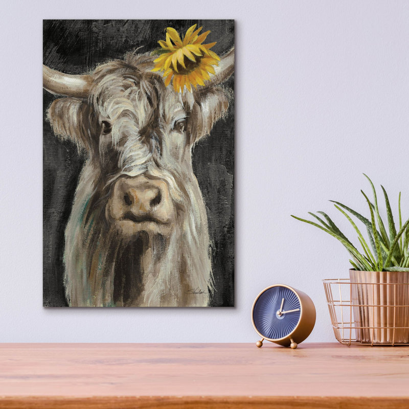  «Floral Highland Cow Vertical» par Silvia Vassileva, art mural en verre acrylique, 12 po x 16 po