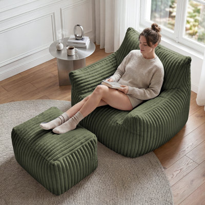 Fauteuil à billes surdimensionné en mousse de velours côtelé avec repose-pieds