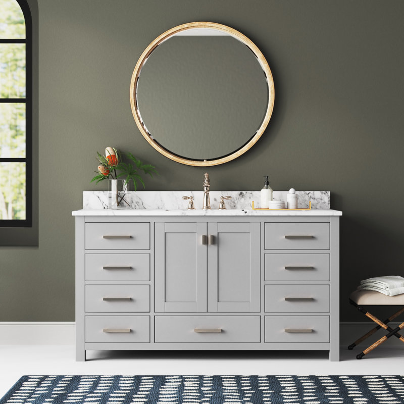 Meuble-lavabo simple 60 po avec plateau Souther, Marbre blanc de Carrare, Gris givré, Nickel brossé