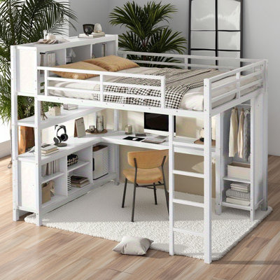 Queen Size Metal Loft Bed With Wardrobe, L-shaped Desk, And Storage Shelves – Space-saving Heavy Duty Loft Bed For Adults by Wrought Studio