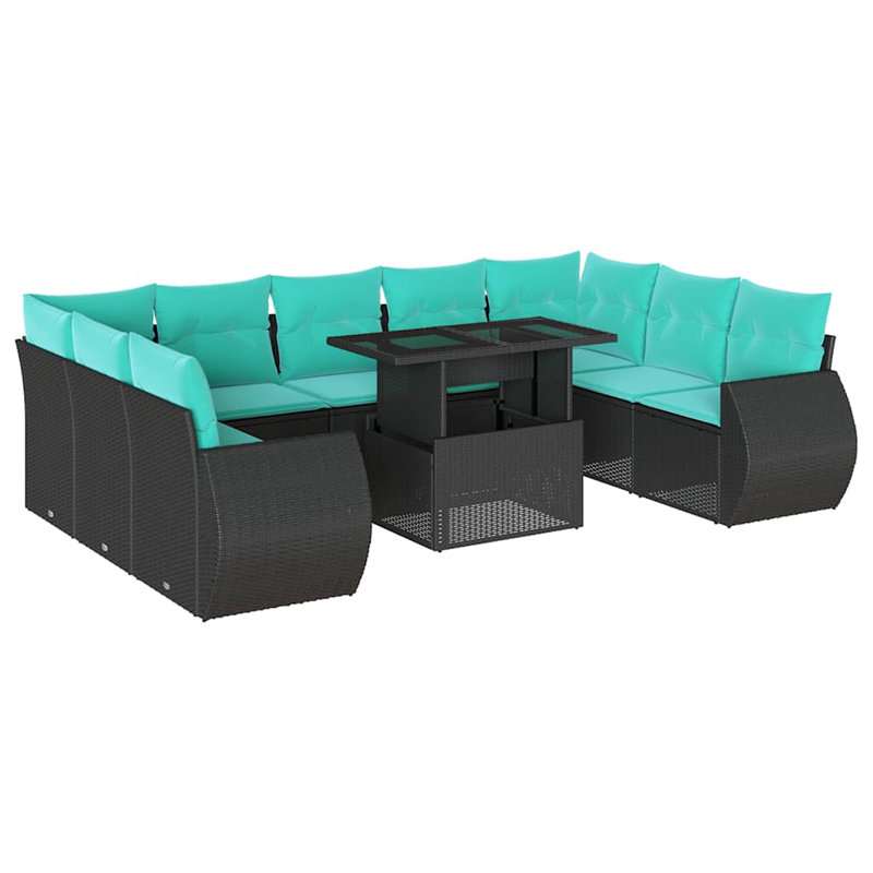  Ensemble de canapé de patio 10 pièces avec coussins en rotin de polyester brun, Bleu clair, Noir