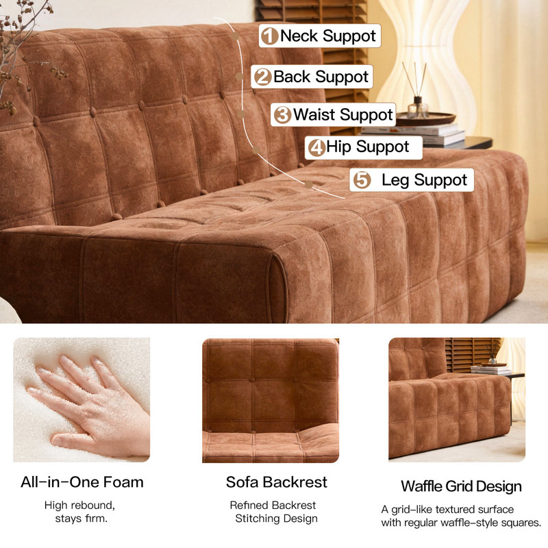 Luxury Velvet Waffle Couch, Deep Seat Compact Sofa With Compression Technology, Burnt Orange Tufted Sofa For Living Room