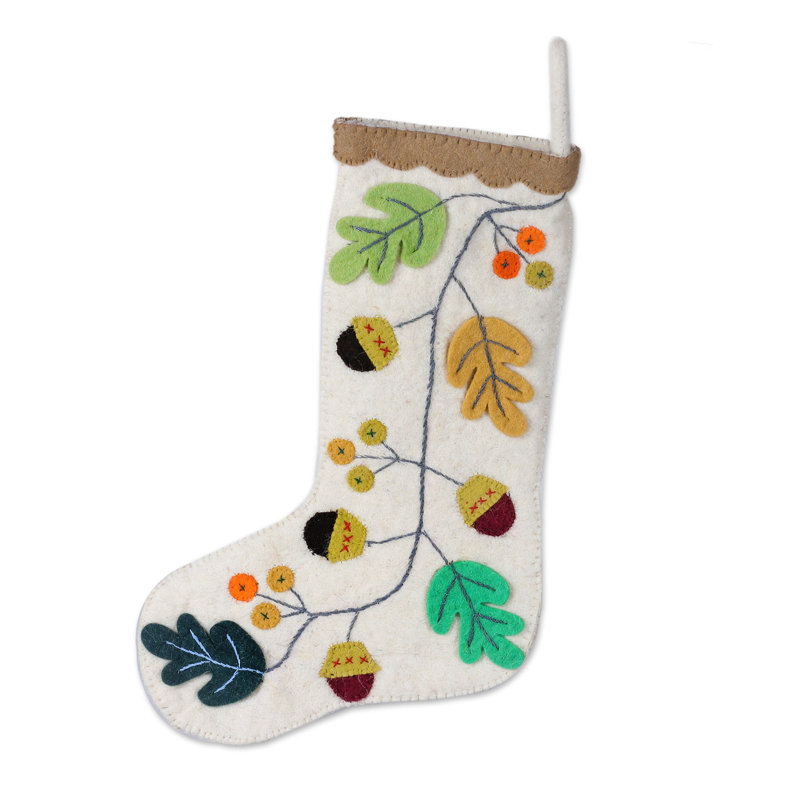 Chaussette de Noël en feutre de laine à motif de feuilles à la main One Allium Way®