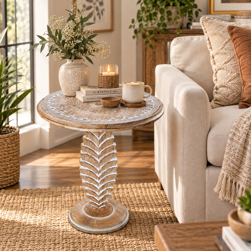 Table de bout en bois sculptée à la main – Pin blanchi