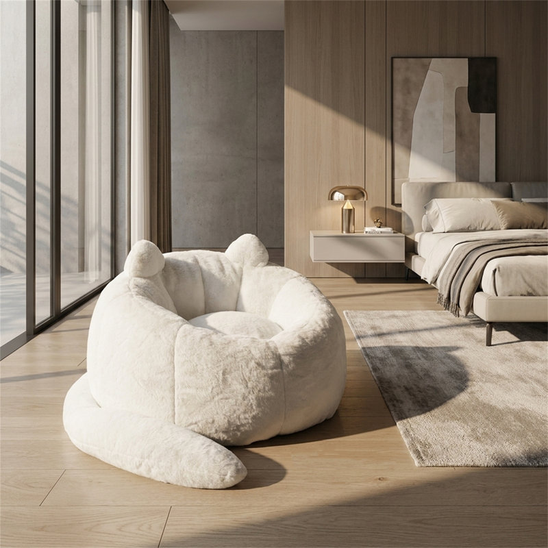 Canapé simple en forme de chat. Fauteuil à billes en fausse fourrure avec tirettes. Aucun assemblage requis, blanc., Blanc