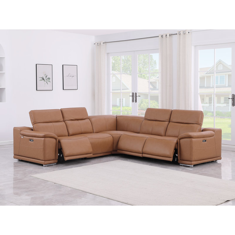Canapé modulaire inclinable en cuir italien 5 pièces Crasia, Cuir véritable cognac