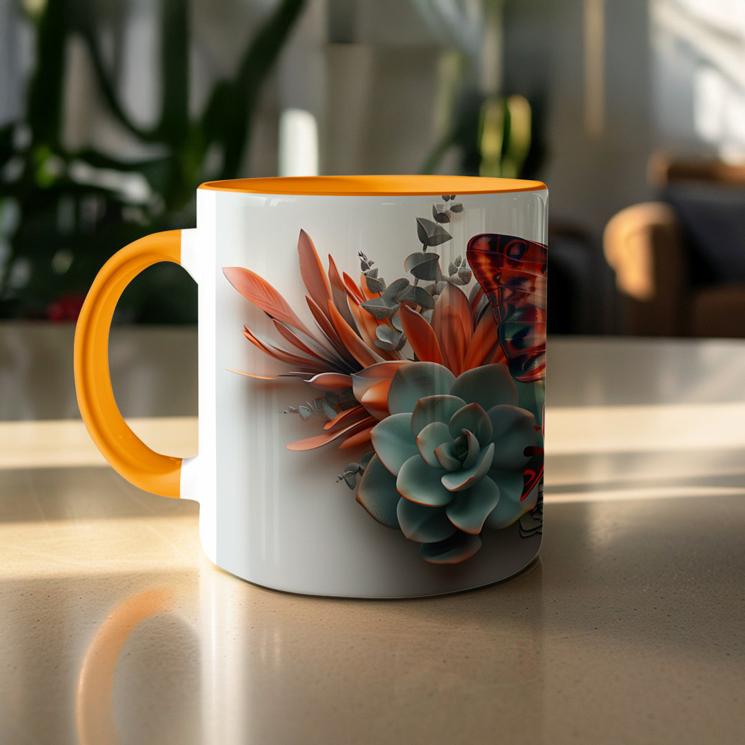 Butterfly Design 11oz Accent Mug – White Ceramic Coffee Cup with an Orange Handle and Interior