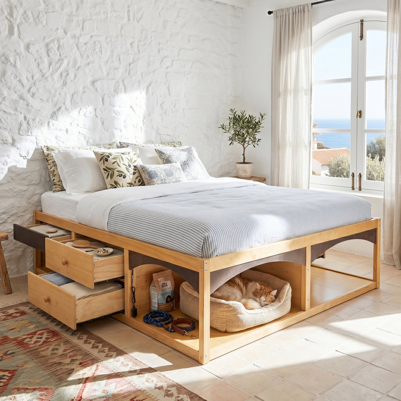 Structure très grand lit avec tiroirs de rangement, lit plateforme sans tête de lit, design adapté aux animaux de compagnie, aucun sommier tapissier requis, style minimaliste moderne