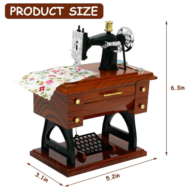 Vintage Mini Sewing Machine Music Box, Hand Crank Musical Box, Desk Decor, Collectible Gift for Women, Mother, Her (6.3x5.2x3.1in)