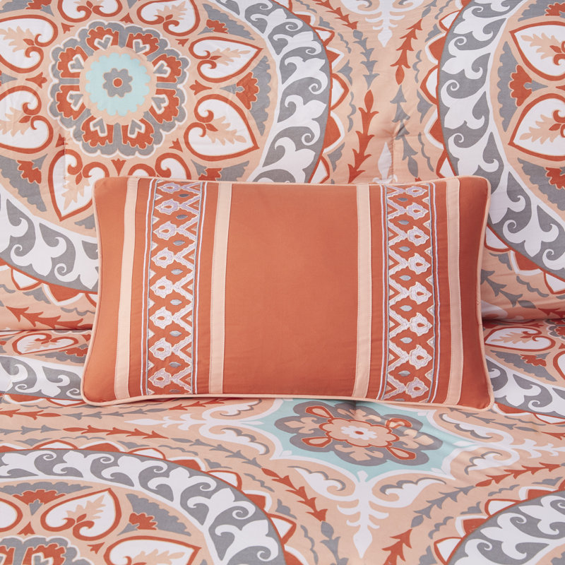 Ensemble d'édredon de neuf articles avec draps en coton Estrin, Édredon pour taille de lit double avec une jupe d, Corail