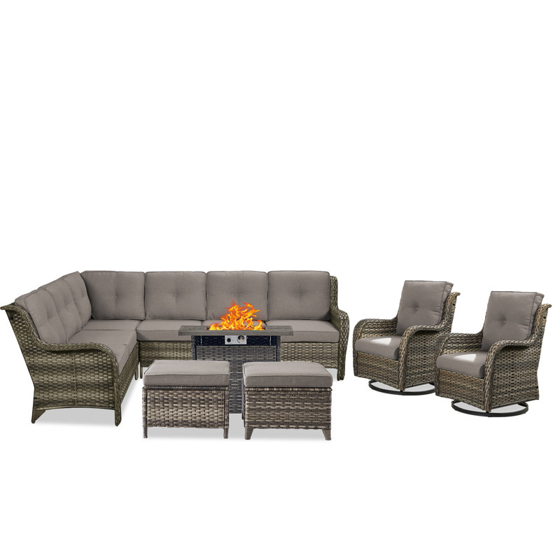 Ensemble de conversation pour patio pour 7 personnes Carolina Wicker avec coussins et foyer, Gris, Gris