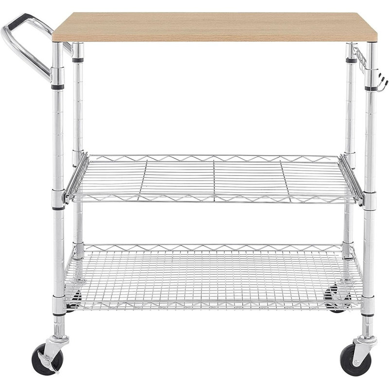 Chariot de cuisine roulant avec plateau en bois, îlot de cuisine sur roulettes avec tablette coulissante et crochets, support pour micro-ondes et chariot à café pour le rangement de la cuisine