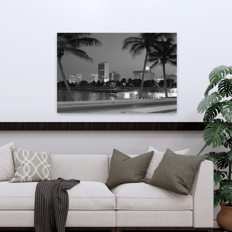 «1970S Night View Skyline with Palm Trees Miami Florida Classic Retro Vintage Palm Tree Urban Architecture, art mural