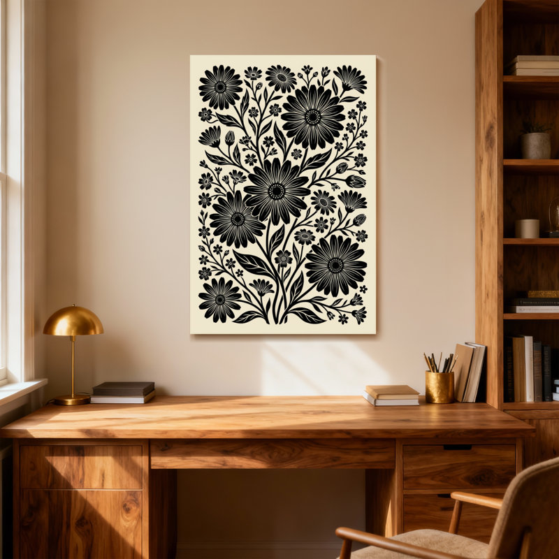Plantes et fleurs, motif floral noir et blanc, H 36 po x l 24 po