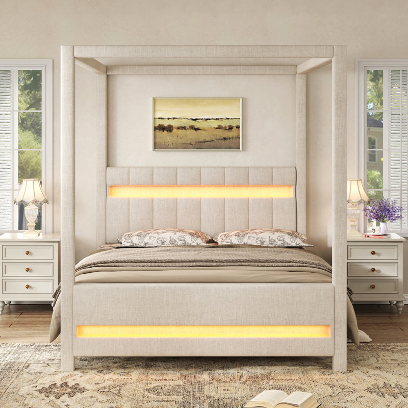 Lit plateforme à baldaquin capitonné Queen Size avec tête de lit et éclairage DEL, beige