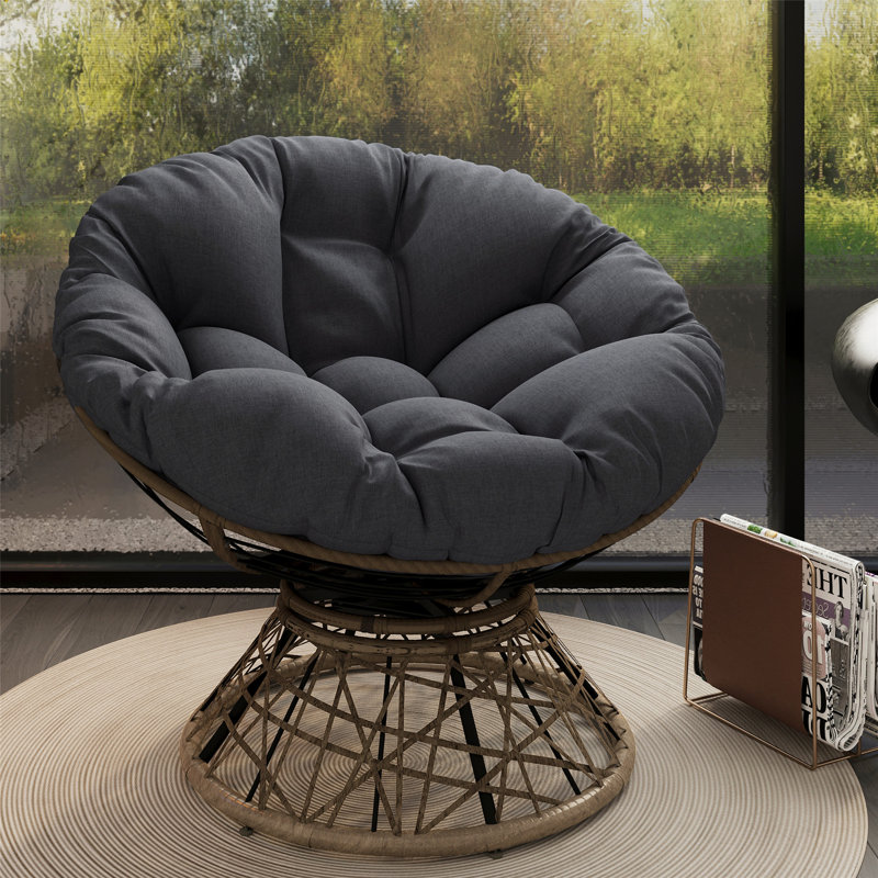 Chaise ergonomique confortable en osier avec coussin épais et pivotant à 360 degrés, Brun, Noir