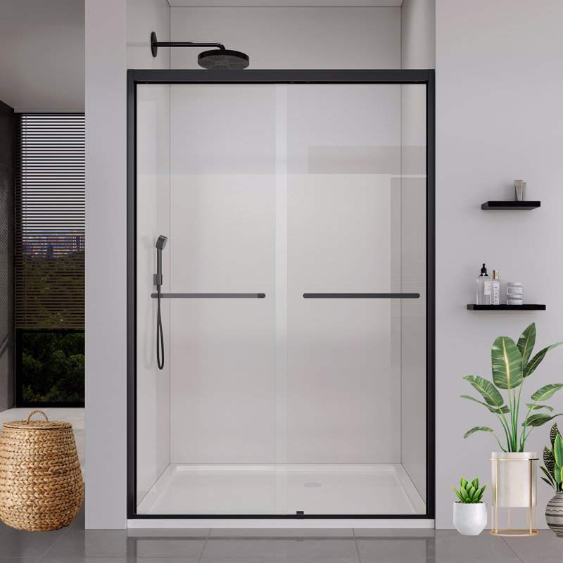 Frame Double Sliding Soft-Close Shower Doors, Bathroom Sliding Shower Door,  (6Mm) Thick Tempered Glass Door, Matte Black