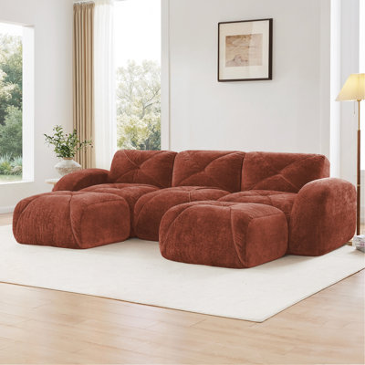 Canapé en forme de U sans os, conception capitonnée, éponge haute densité 32D, conception antidérapante inférieure, aucun assemblage requis, combinaison libre, repose-pieds mobiles pour le bureau et le cinéma maison, brun rouge
