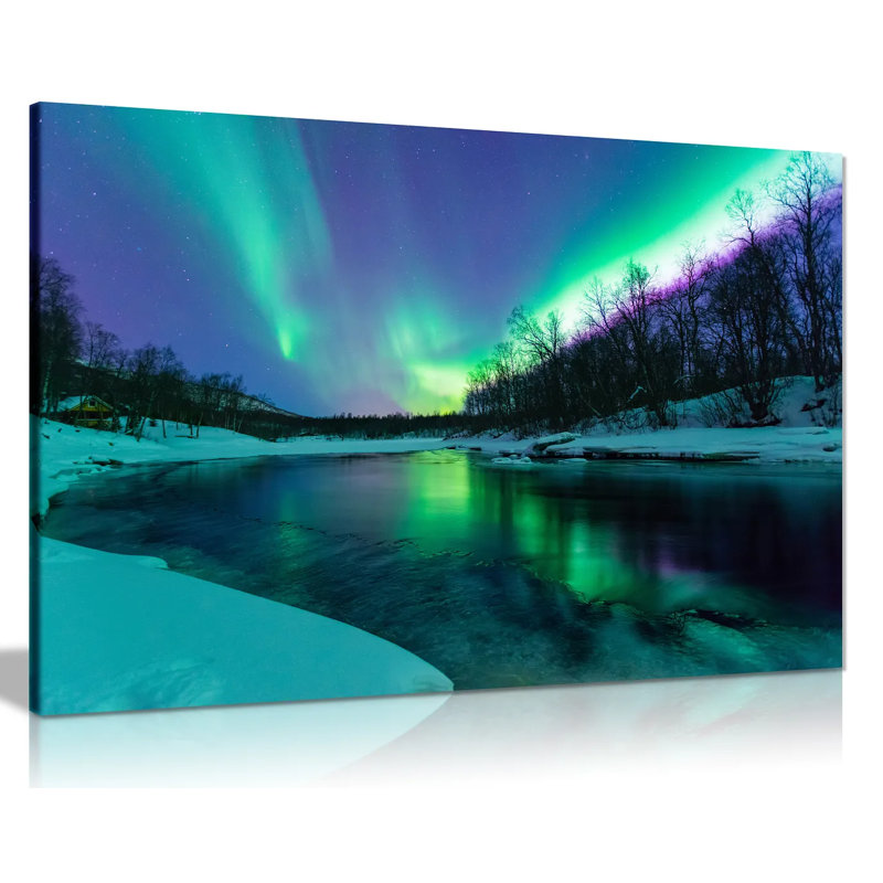 Winter River Northern Lights Aurelia Borealis - Wrapped Canvas Print, 41cm H x 61cm W