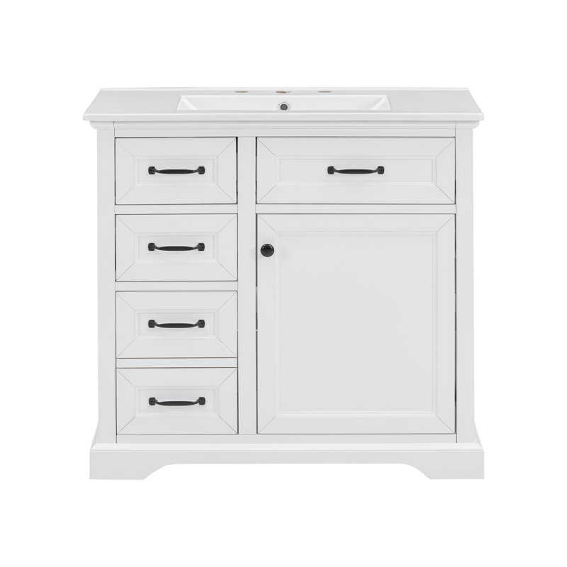 Meuble-lavabo autoportant de 36 pouces avec lavabo en céramique et tiroirs coulissants Bayshorel, Blanc
