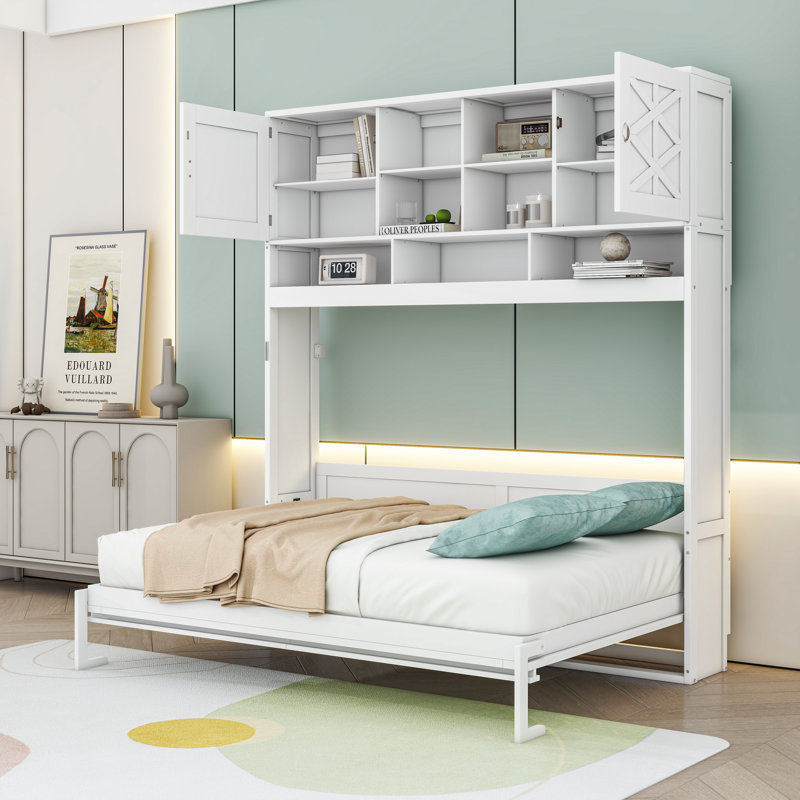 Grand lit escamotable en bois avec tablettes de rangement
