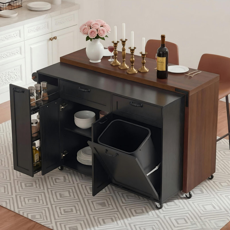 Îlot de cuisine 102,3 po avec table de salle à manger extensible, chariot d'îlot roulant avec armoire de rangement pour poubelles, support à épices coulissant à 3 niveaux, table d'îlot mobile sur roulettes pour la cuisine, la salle à manger, noir
