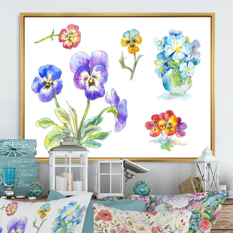 Reproduction de cadre photo sur toile, "Purple Blooming Pansy Flowers", H 12 po x l 20 po x P 1 po, Cadre flottant doré