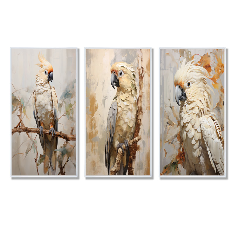 Beige perroquet plume élégance - ensemble d'art mural sur toile perroquet de 3, Cadre flottant blanc, H 32 po x l 48 po