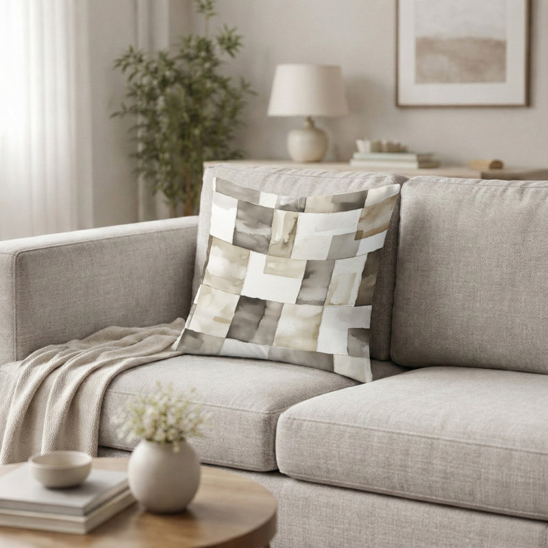 Coussin Country Farmhouse - Patchwork gris et beige, H 18 po x l 18 po