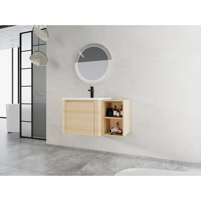Meuble-lavabo de 36 po avec lavabo en céramique blanc, tablettes de rangement, charnières à fermeture douce et 45 poignées à bord incliné, fixation murale Kd avec 1 porte fermée, base en contreplaqué