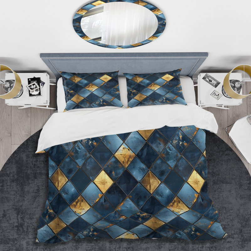 Ensemble de housse de couette Gold Blue Square Glam II - Glam, Housse de couette simple + 2 taies décoratives st