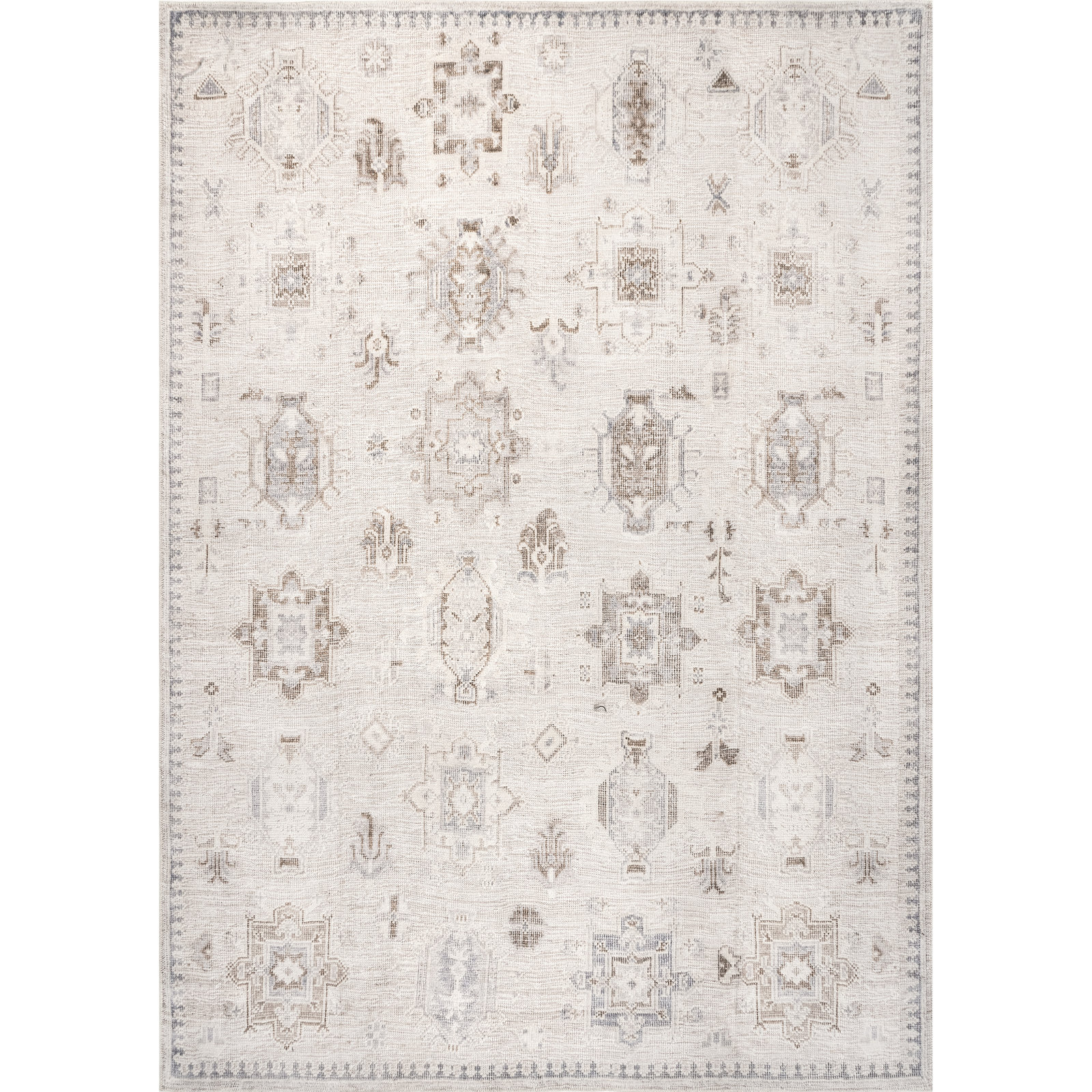 Beige Ivory Machine Washable Oriental Rug, Square 6'