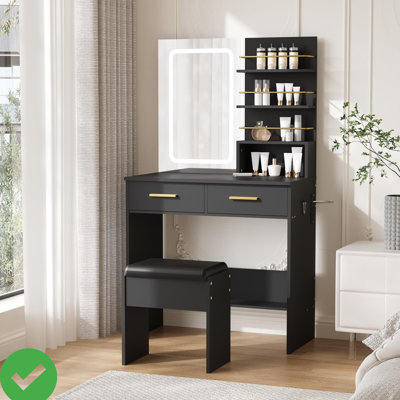 Vanity Desk Set w/ Mirror and Lights Makeup Vanity w/ 2 Drawers & Open Storage Shelves by Wrought Studio