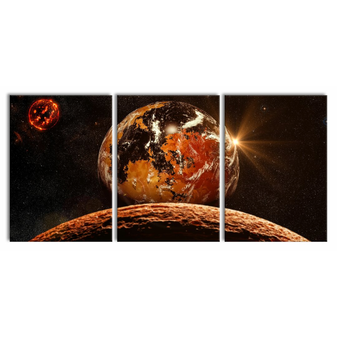 3-tlg. Leinwandbilder-Set Rote Planeten in der Galaxie in Orange