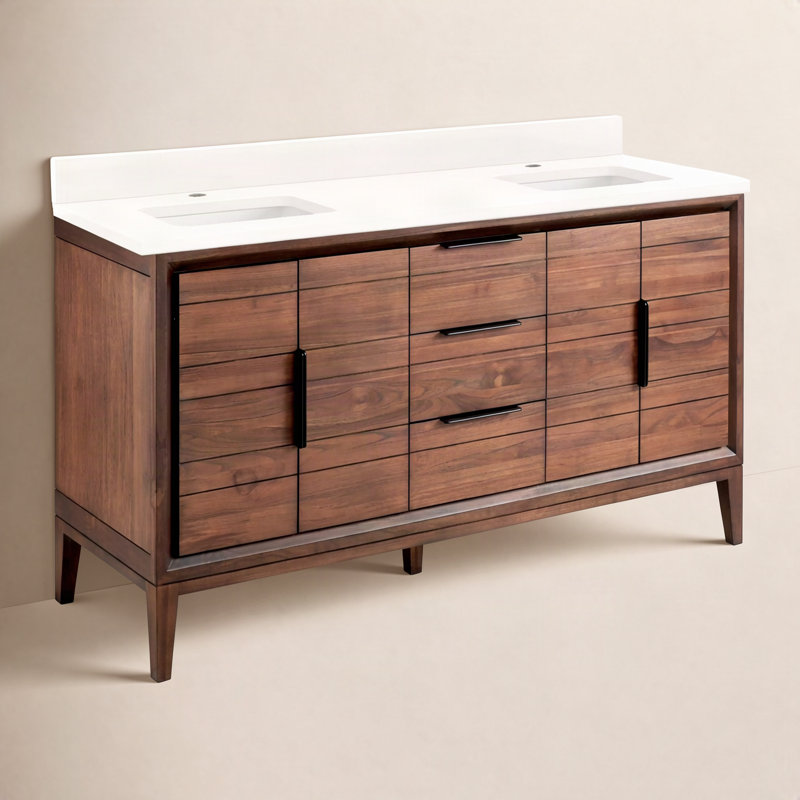 Meuble-lavabo double 60 po Aliso, Quartz blanc arctique, Monocentre centré, Café