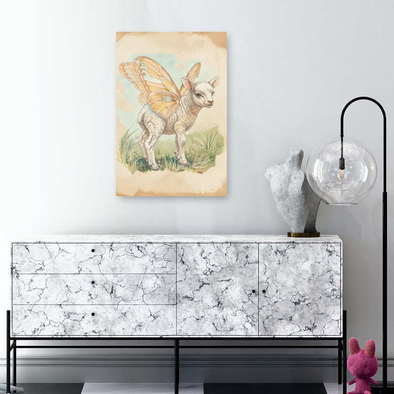 Dreamy Winged Lamb Dreamy Whimsical Contemporary Butterfly Nature Spring Wall Art Print 1 Piece Wrapped Canvas Wall Art