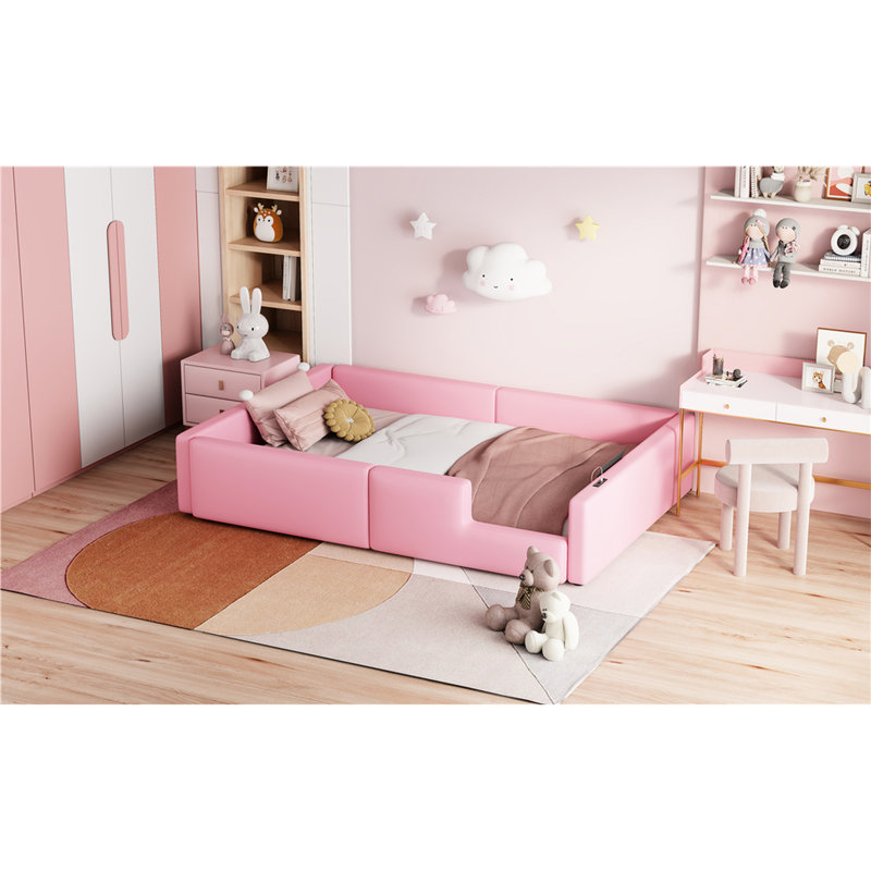 Lit plateforme simple tapissier rose avec station de charge et garde-corps