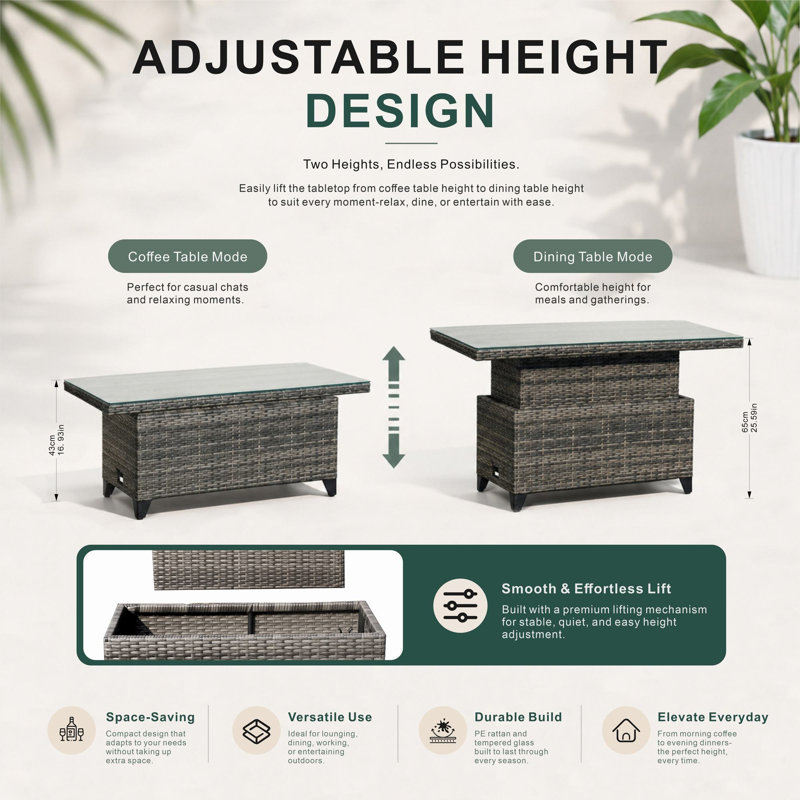Rectangular Wicker Adjustable Outdoor Dining Table, Gray, Gray