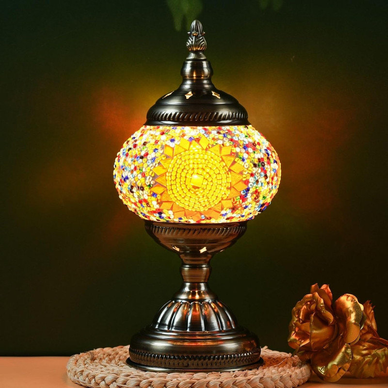 Turkish Moroccan Mosaic Table Lamp, Handmade Glass Bedside Night Light, Metal Base, Decorative Lantern for Bedroom, Living Room - Bulb Included