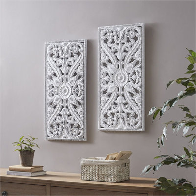Ensemble de décoration murale en relief avec motif de lotus sculpté, construction en MDF en 2 pièces, 40 x 80 cm