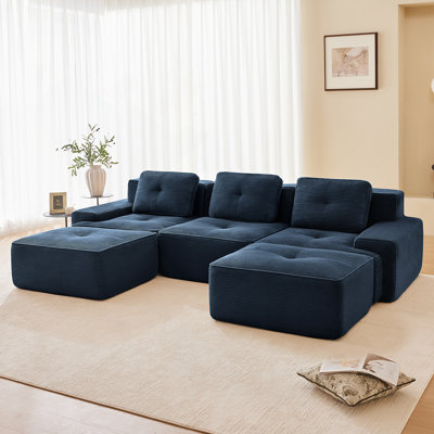 117 Inch Modern U-Shaped Modular Sectional Sofa, Corduroy Fabric, 3-Seater With Deep Seat, Movable Ottoman, Tufted Design, No Assembly, Anti-Slip Base, Blue