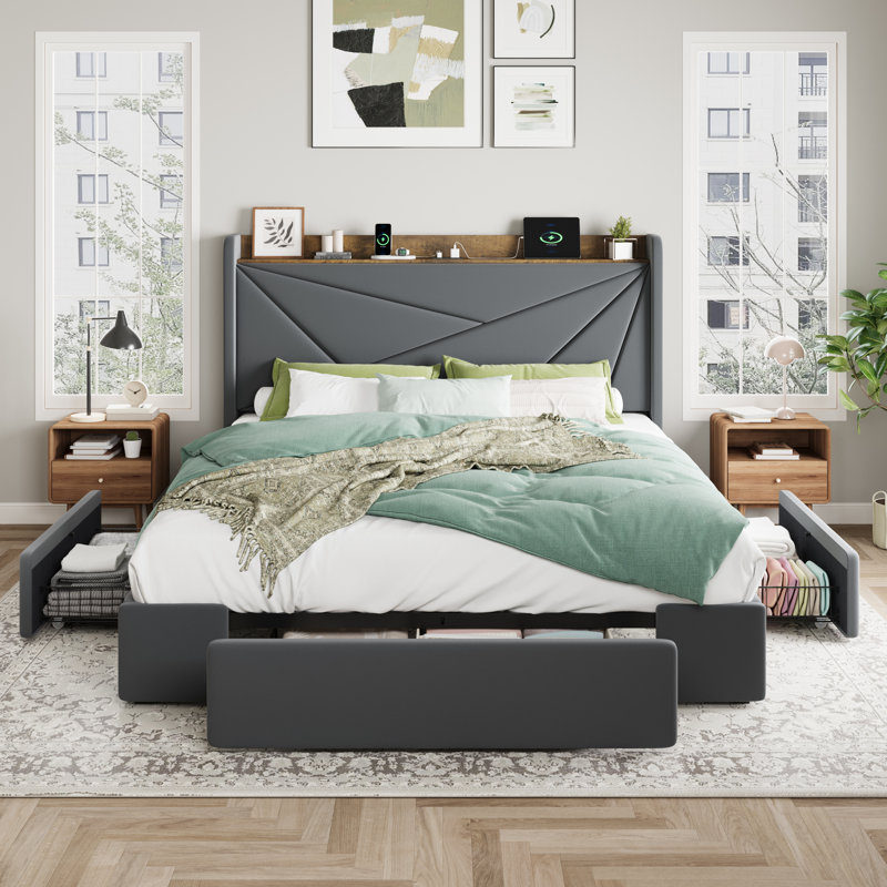 Modern Upholstered Bed With Charging Station & Storage Drawers, Velvet Wingback Headboard,Queen/Full/King Size, Gray, Full