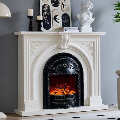 White Solid + Manufactured Wood Electric Fireplace