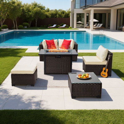 Ensemble de conversation de jardin 6 pièces, ensemble de conversation modulaire en rotin et osier avec table de foyer au propane 50000BTU, canapés rembourrés, table basse et repose-pieds pour la cour