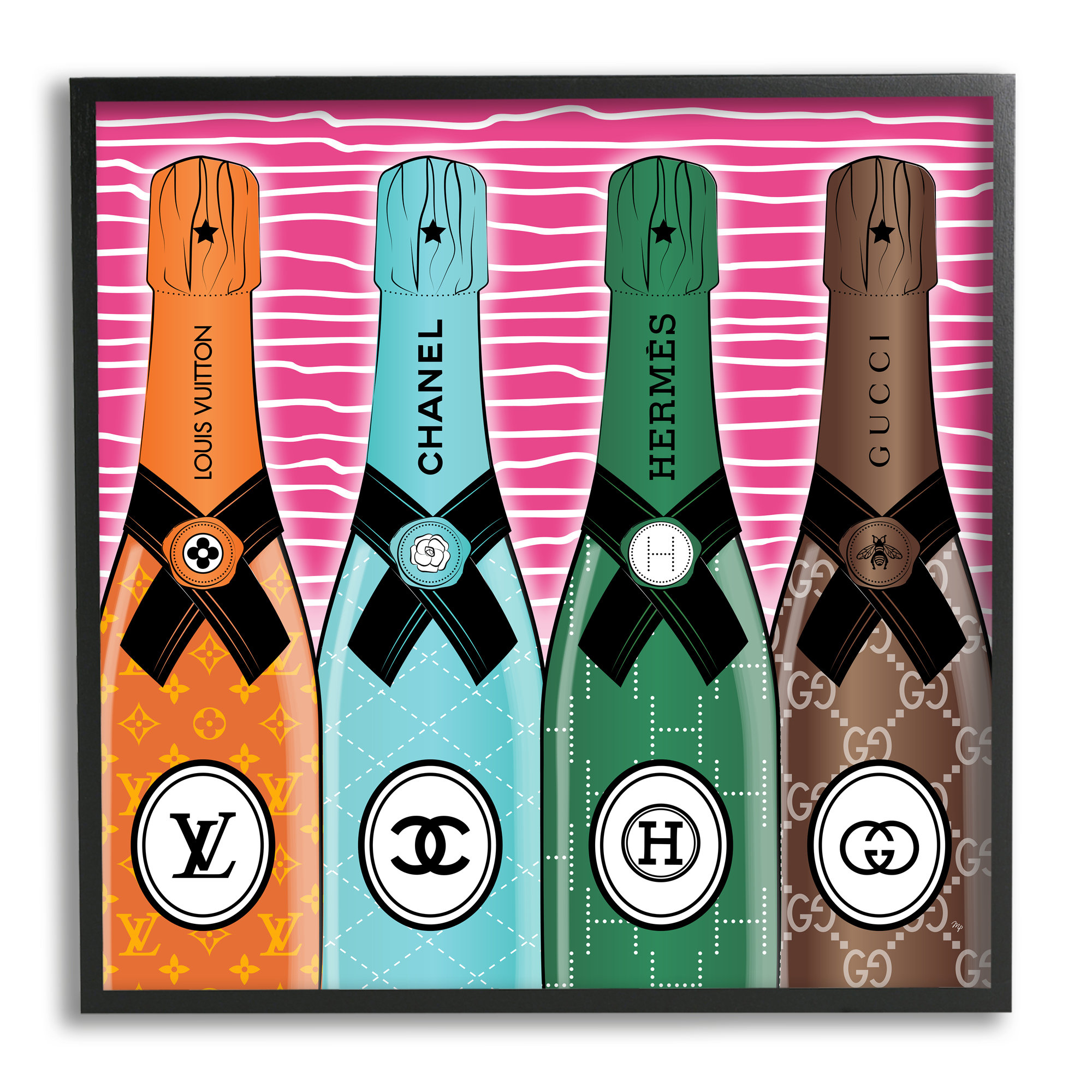 Stupell Industries Fashion Logo Champagne Bottles Framed On Wood by Martina  Pavlova Graphic Art