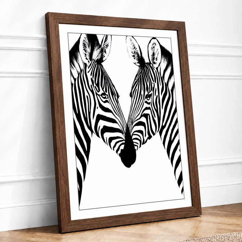 Face to Face Zebras Minimalist 1 Piece Single Picture Frame Wall Art, A4 - 29.7 x 21.0 cm, Walnut